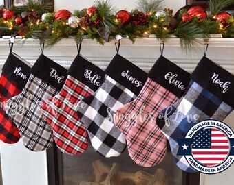 Personalized Farmhouse Christmas Stocking: Red & Black Plaid, Handmade with Embroidered Name