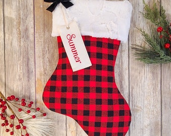 Red and Black Plaid Stocking with Fur Cuff - Personalized Red Plaid Stocking - Flannel Plaid Christmas Stocking - Buffalo Plaid Stocking