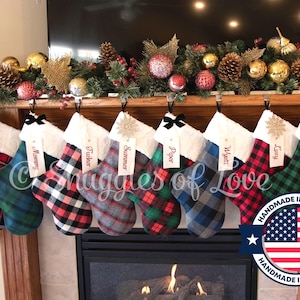 Personalized Plaid Christmas Stocking: Handmade Flannel Fur Stocking with Embroidered Name Tag