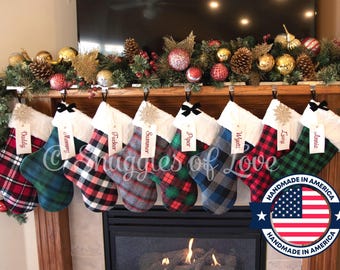 Personalized Plaid Christmas Stocking: Handmade Flannel Fur Stocking with Embroidered Name Tag