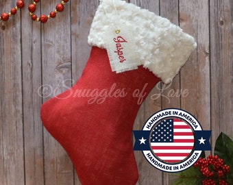 Red Burlap and Minky Stocking - Personalized Red Burlap Christmas Stocking - Embroidered Minky Stocking - Red Burlap Stocking