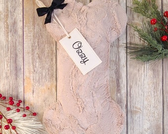 Personalized Tan Fur Dog Christmas Stockings - Fur Dog Bone Stockings - Beige Fur Stocking, Monogrammed Dog Bone Stocking