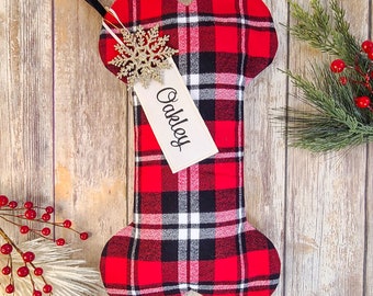 Red and Black Dog Christmas Stocking - Personalized Plaid Dog Stocking, Flannel Dog Bone Stocking, Pet Stocking, Dog Stocking