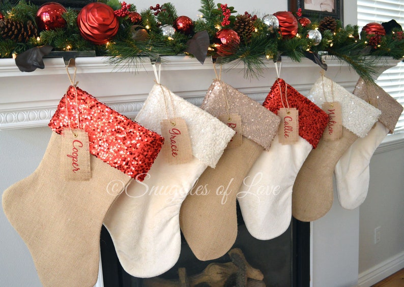 Personalized Burlap Stockings Monogrammed Stockings Burlap Christmas Stockings Sparkle Sequin Stockings Burlap Sequin Stockings image 6