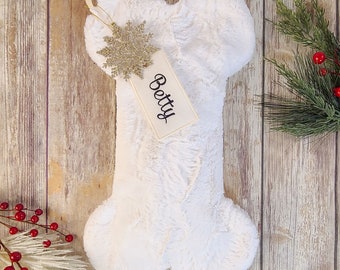 Personalized Ivory Fur Dog Christmas Stockings - Fur Dog Bone Stockings - Cream Fur Stocking, Monogrammed Dog Bone Stocking