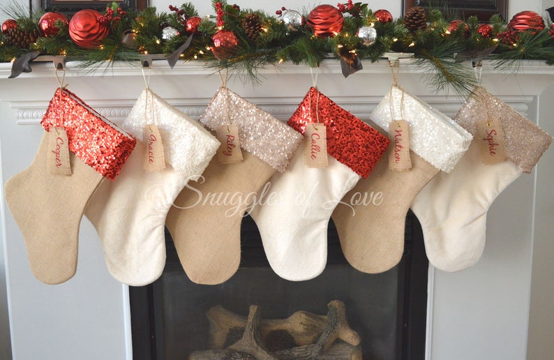 Personalized Burlap Stockings Monogrammed Stockings Burlap Christmas Stockings Sparkle Sequin Stockings Burlap Sequin Stockings image 7
