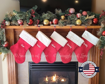 Personalized Red Stockings - Red Burlap Stockings - Embroidered Red Stockings - Red Burlap Christmas Stocking - Red and Cream Stockings