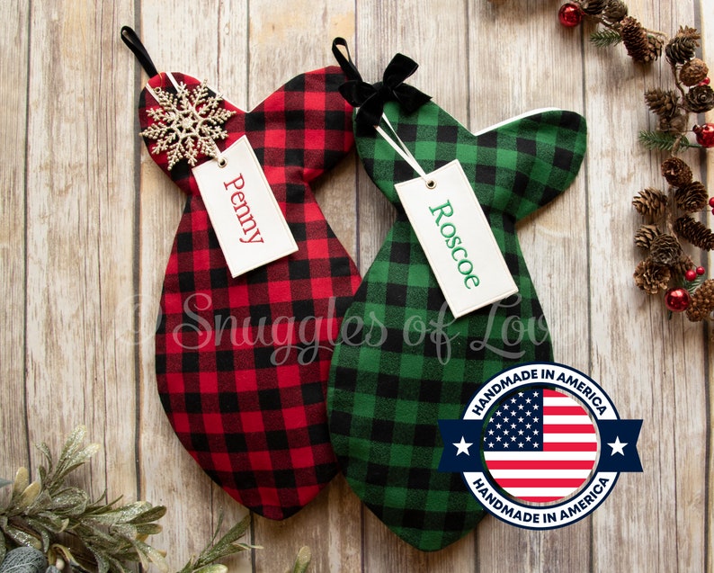 Buffalo Plaid Cat Stockings Check Pet Stockings Red and Green Cat Christmas Stocking Red Plaid Stocking Green Plaid Stocking image 1