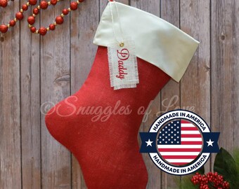 Satin Christmas Stocking - Burlap and Satin Stocking - Monogrammed Burlap Christmas Stocking - Red and Ivory Satin Stocking