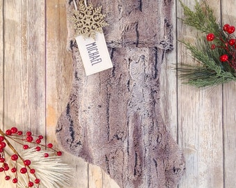 Personalized Taupe Fur Christmas Stocking - Faux Fur Christmas Stocking - Gray Fur Embroidered Stocking - Brown Fur Stocking