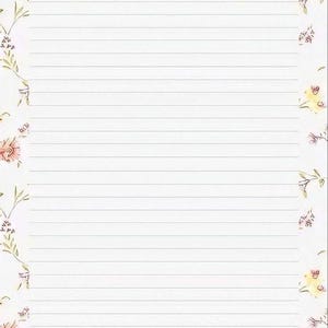 May include: White lined stationery paper with a floral border featuring pink, yellow, and green watercolor flowers. The paper has a delicate, feminine aesthetic, suitable for letters or notes.