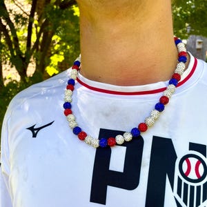 Boys Baseball Gift Red White Blue Baseball Rhinestone Necklace Baseball Bling Sparkle Necklace Ice Drip Disco Balls Sports Necklace