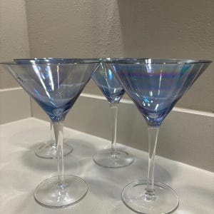 Beautiful Translucent Blue Martini Glasses with Starburst Design 8 Inch with Clear Round Stems Set of 3 Cocktail Glasses