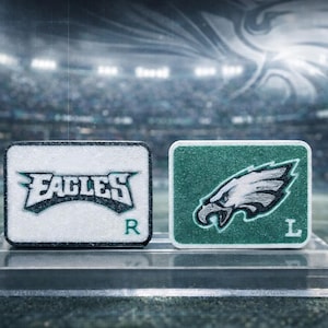 May include: Two rectangular Philadelphia Eagles team logo patches. One patch is white with the word "EAGLES" in green and white, and the letter "R". The other patch is green with the Eagles logo and the letter "L".