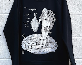 Love Conquers All ~ Birth of Venus PNW Fisher Girl on a Black Raglan Sleeve Crewneck Sweatshirt