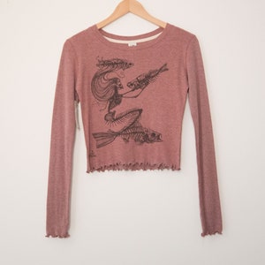 Skeleton Mermaid Wave Edge Ladies Long Sleeve Organic Cotton Top, Skeleton Shirt, Printed Long Sleeve, Made in Canada Ladies Clothing