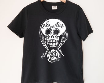 Sugar Skull Printed Ladies Crewneck Boxy T Shirt | 100% Organic Cotton Top | Made in BC