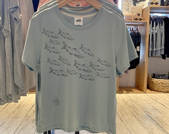 Salmon school print on t shirt | Crewneck boxy silhouette tee | 100% organic cotton top | Ocean lover shirt | Fish school tee | Made in BC
