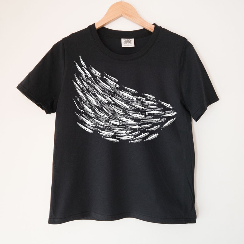 Fish School Printed Crewneck Ladies Boxy T Shirt 100% Organic Cotton Top Made in BC image 1