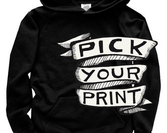 Pick Your Print Unisex Black Organic Cotton Pullover, Custom Printed, PNW Art