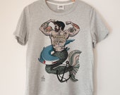 Merman Printed Ladies Crewneck Boxy T Shirt | 100% Organic Cotton Top | Made in BC