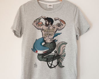 Merman Printed Ladies Crewneck Boxy T Shirt | 100% Organic Cotton Top | Made in BC