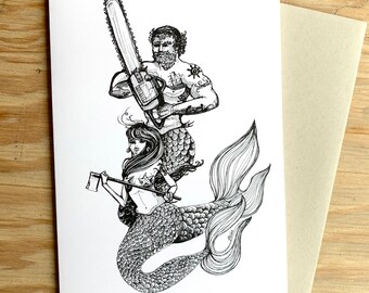 Mercouple Card - Merman Mermaid Loggers Underwater Chainsaw
