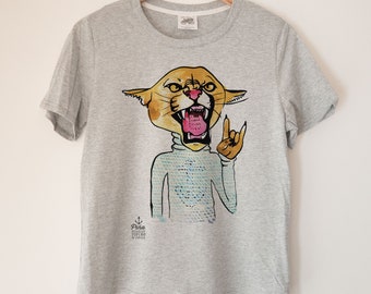 Devil Horns Cougar Printed Crewneck Ladies Boxy T Shirt | 100% Organic Cotton Top | Made in BC