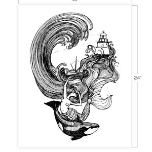 May include: Black and white line art illustration of a mermaid with long flowing hair, riding a killer whale through a large wave. A lighthouse is perched on a rock in the background.