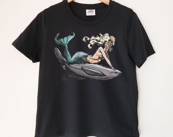 Mermaid and Sealion Printed Ladies Crewneck Boxy T Shirt | 100% Organic Cotton Top | Made in BC