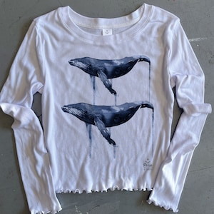Watercolour Humpbacks Wave Edge Ladies Long Sleeve Organic Cotton Top, Whale Shirt, Ocean Print Long Sleeve, Made in Canada Ladies Clothing