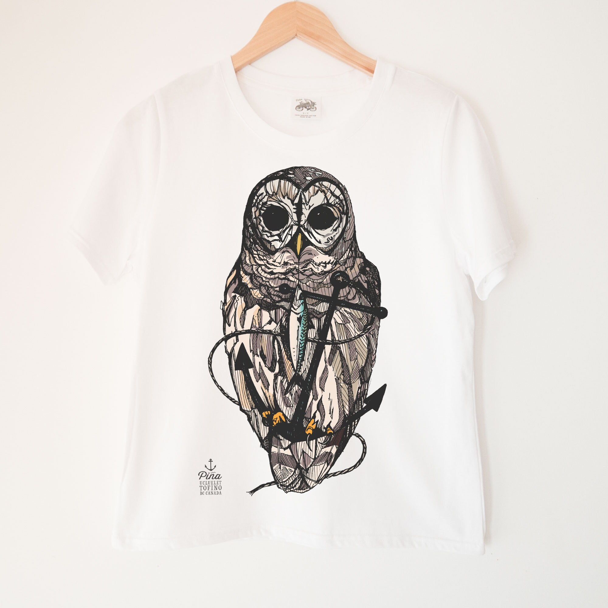Owl and Anchor Printed Ladies Crewneck Boxy T Shirt | 100% Organic Cotton Top | Made in BC