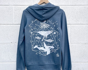 Galactic Whales Unisex Zip Hoodie, We Are All Connected, Whale Universe Hoodie, Whale Lovers Gift, Space Whale Hoodie, Dodecahedron Art