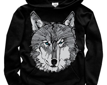 Grey Wolf Face and Spruce Tree Organic Cotton Pullover Hoodie