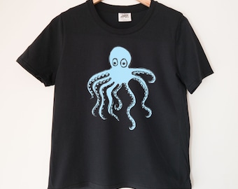 Squiggly Octopus Printed Ladies Crewneck Boxy T Shirt | 100% Organic Cotton Top | Made in BC