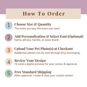 A pastel instructional graphic titled “How To Order” showing five steps for purchasing custom pet stickers. Each step appears in numbered circles with short text: choosing size and quantity, adding optional personalization, uploading pet photos, reviewing a digital preview, and receiving free fast shipping. Soft beige and lavender colors frame the layout, with clean icons and smooth textures that highlight the simple ordering process for personalized pet gifts.