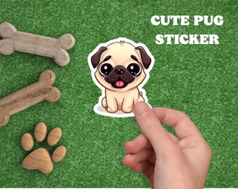 Cute Dog Sticker, Adorable Pug Dog Waterproof Die-Cut Water Bottle Laptop Sticker