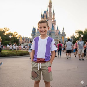Könnte beinhalten: Ein junger Mensch trägt ein weißes und lila V-Ausschnitt-Shirt und khakifarbene Shorts mit Aufnähern vor einem Schloss. Das Shirt hat ein braunes Band an der Taille. Die Shorts haben einen Kordelzug und zwei Aufnäher.