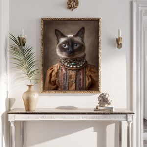 Custom pet portrait – Royal Brown Renaissance Outfit, Siamese Cat Art, Custom Cat Portrait from Photo, Elegant Regal Pet Costume, Renaissanc