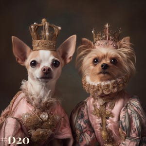 Retrato personalizado de dos mascotas con vestidos reales rosas, pintura renacentista personalizada a partir de una foto, regalo elegante para amantes de los perros.