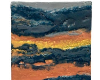 Afterburn – 4x4 Abstract Encaustic Painting, sunset Wax Art, Luminous Sky Wall Decor