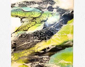 Abstract encaustic schilderij: humeurig groenblauwe waskunst (8 x 10)