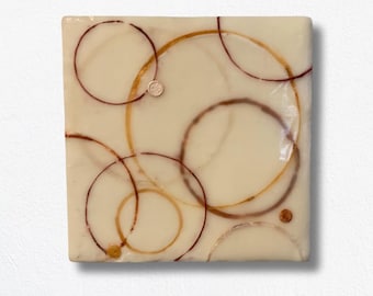 Abstract encaustic schilderij: bruine gouden cirkels, waskunst 4 x 4