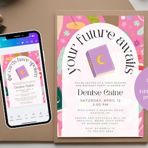 Tu futuro te espera / Invitación para fiesta de cumpleaños con carta mística rosa del tarot, cristales e invitación celestial, plantilla personalizable de Canva para la fortuna