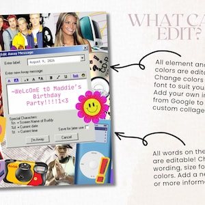 May include: A retro-themed invitation with a collage design, incorporating images of pop culture figures and a simulated computer message. The text reads "~Welcome to Maddie's Birthday Party!!!!1<3" with a pink flower and smiley face. The invitation's design is customisable.