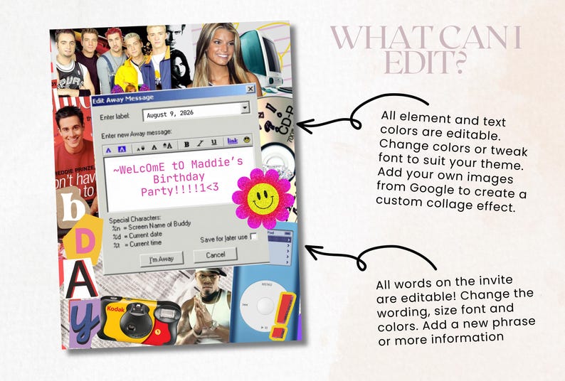May include: A retro-themed invitation with a collage design, incorporating images of pop culture figures and a simulated computer message. The text reads "~Welcome to Maddie's Birthday Party!!!!1<3" with a pink flower and smiley face. The invitation's design is customisable.