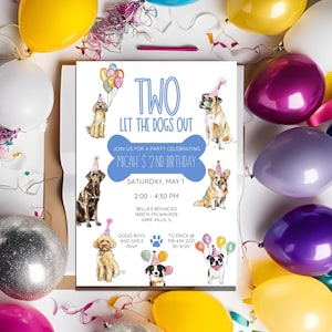 Two Let the Dogs Out | Printable Blue Puppy Birthday Party Invitation for Kids, Editable Paw-ty Invite, Customizable Canva Template
