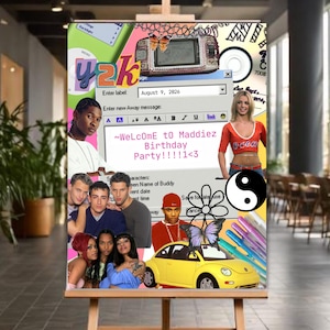 May include: A vibrant Y2K-themed birthday party sign displayed on an easel. The sign is a collage of images, including a computer window with the text "Welcome to Maddiez Birthday Party!!!!1<3", a yellow car, and various pop culture figures. The background is a blurred interior.