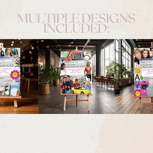 May include: Three wooden easels display colourful birthday party designs. Each design features a collage of images and text, including a computer window theme with the words "Welcome to Maddie's Birthday Party!!!". The background includes a neutral colour.