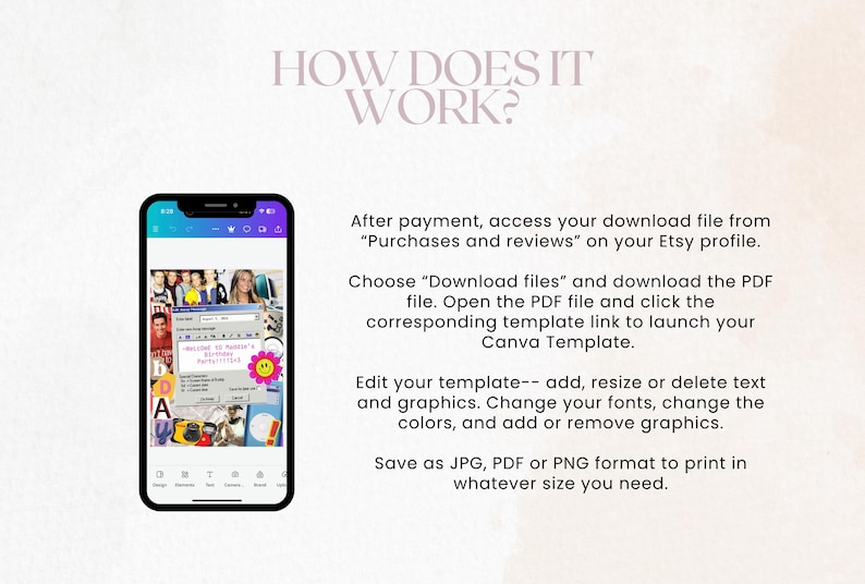 May include: A smartphone screen shows a Canva template with images and text, demonstrating how to access and edit a digital download. The screen includes the text "Birthday Party" and a flower graphic. Instructions on how to use the template are also displayed.